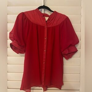 Anthropologie Maeve Lavoie Blouse Top Red Size 12 Button Up Puff Sleeve